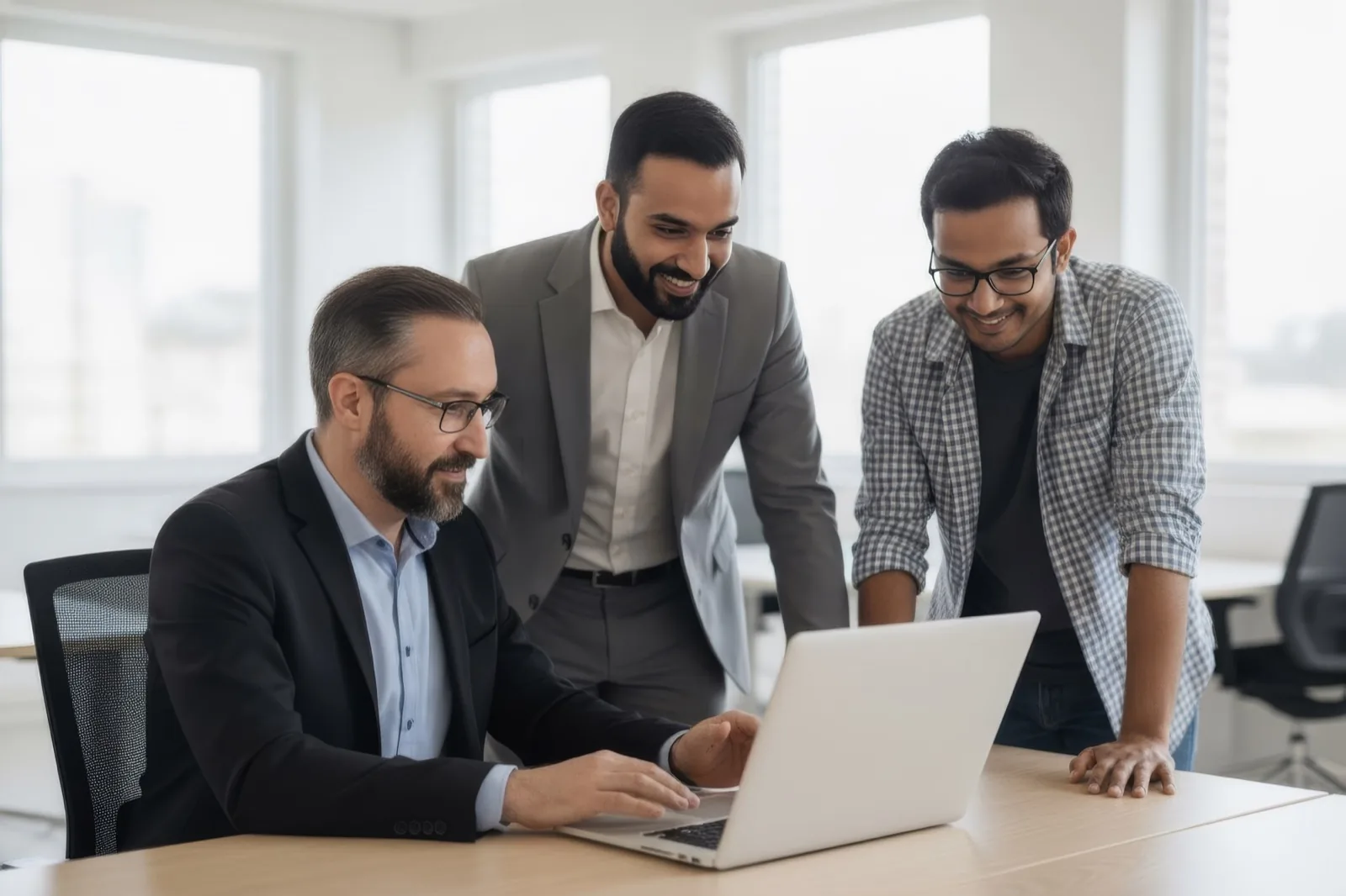 Tim und Kollegen gemeinsam am Laptop